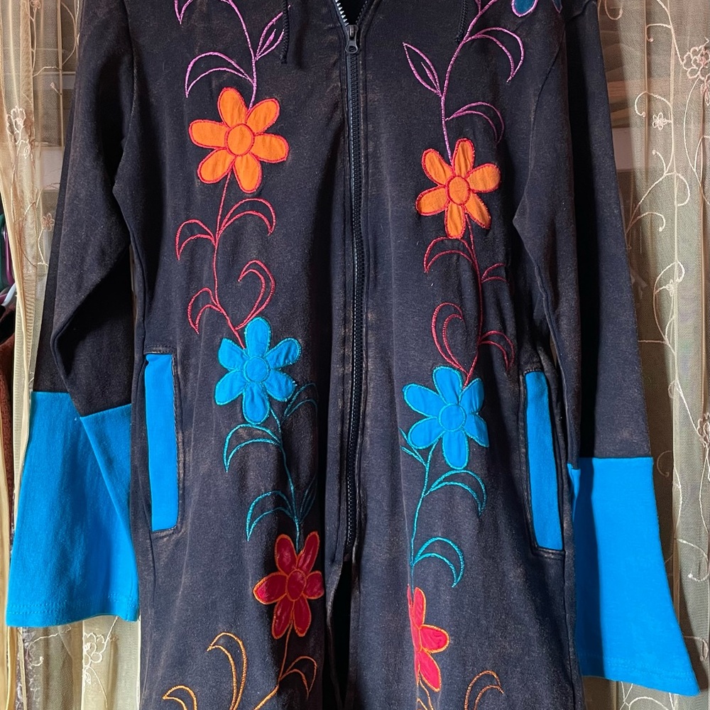 Black Cotton jacket colorful appliqué flowers mid length zipper